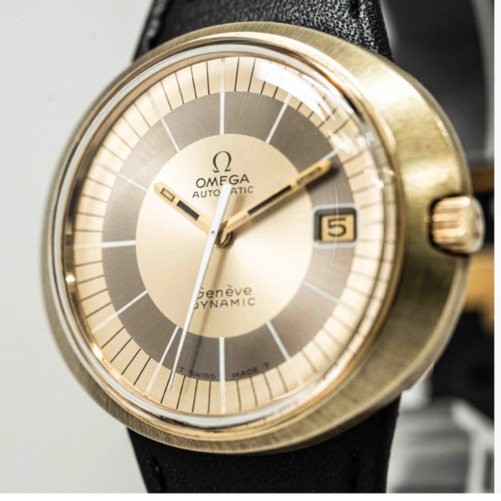 Authentic vintage Omega Genève Dynamic TOOL107 Automatic Gold dial 42mm mens.